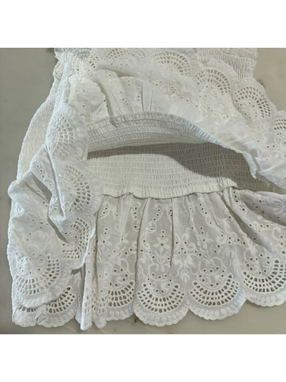 Size S Cotton White Eyelet Flutter Sleeves Smocked Peplum Top - Picture 3 of 5